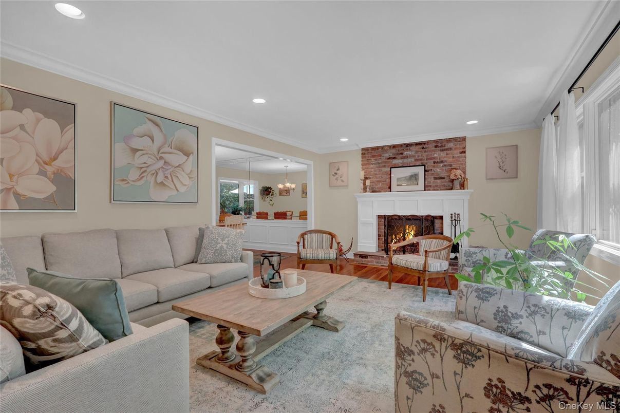 Chandelier, Fireplace, Interior, Living room, Recessed Lighting, Stone Walls