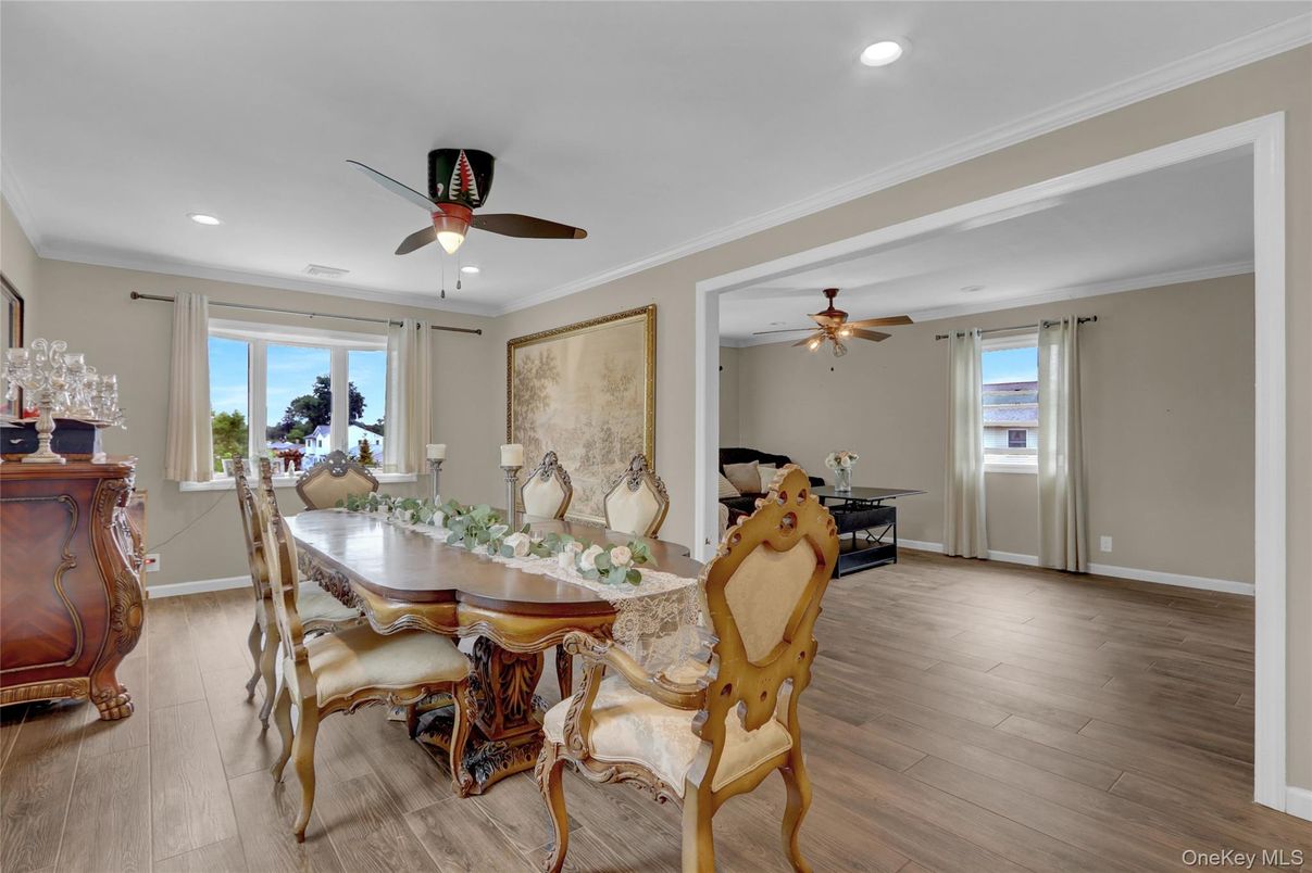 Dining room, Interior, Recessed Lighting, Wood Texture Flooring