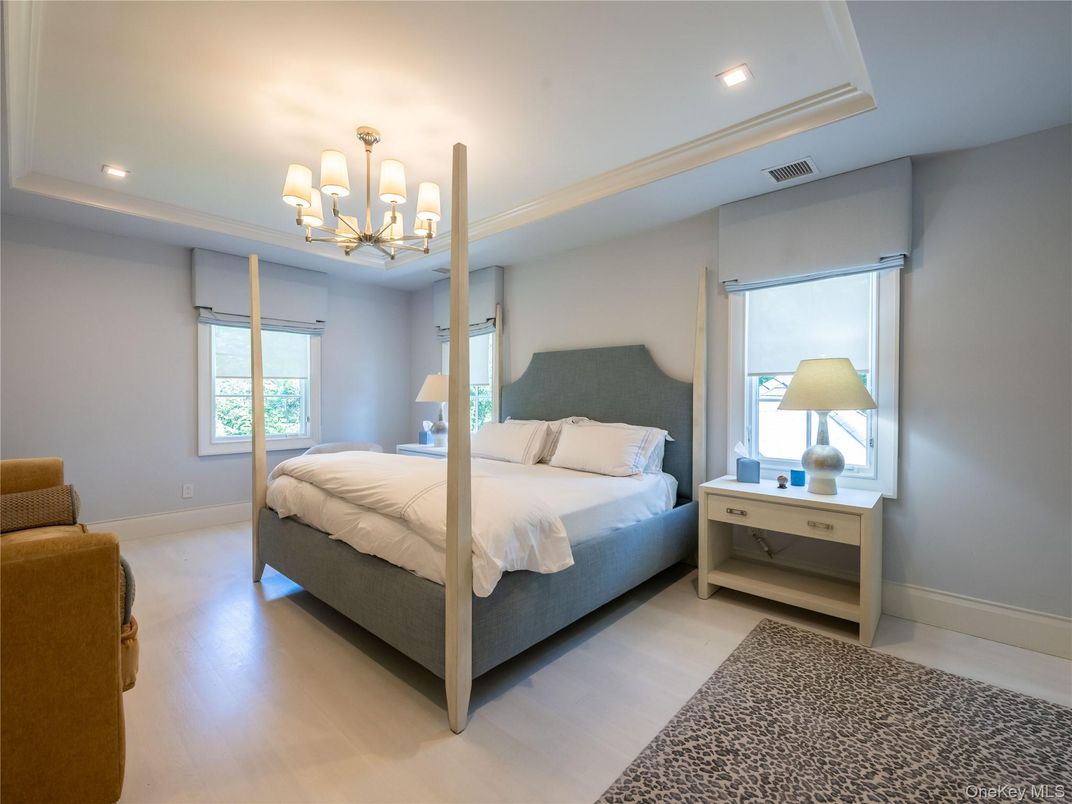 Bedroom, Chandelier, Interior, Recessed Lighting, Wood Texture Flooring