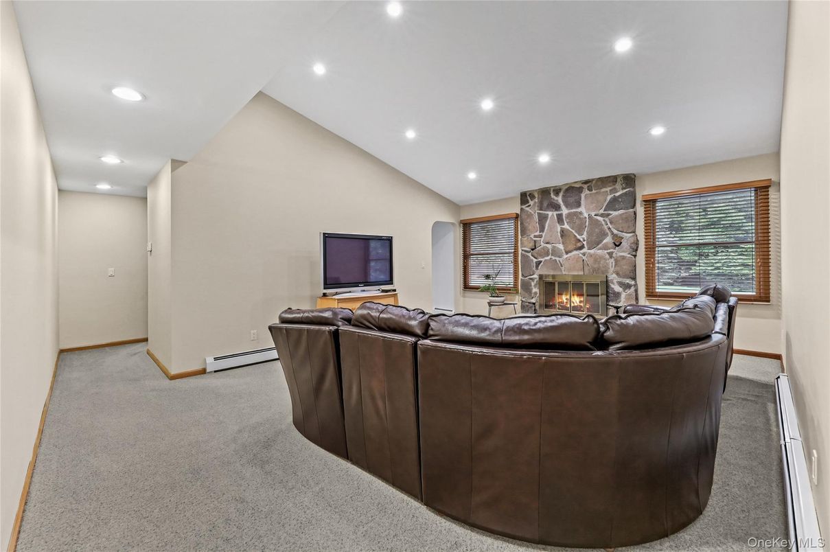Fireplace, Interior, Living room, Recessed Lighting, Stone Walls