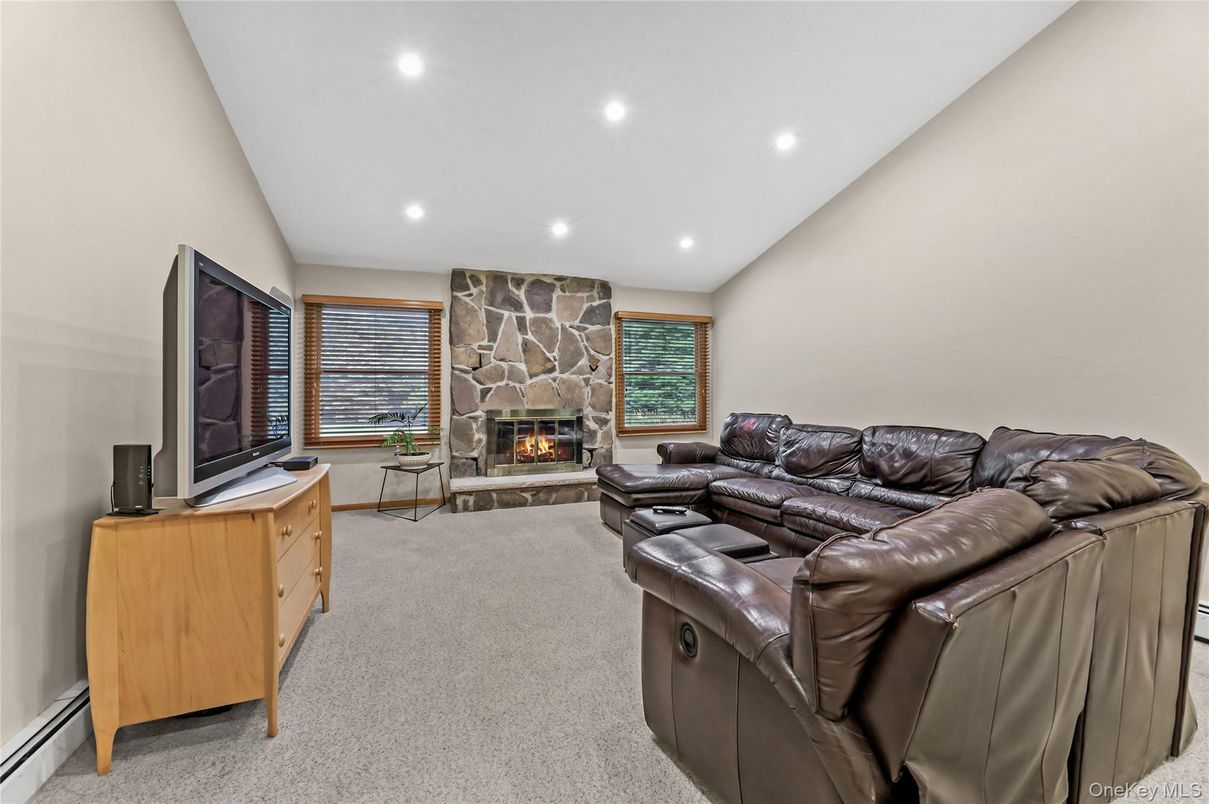 Fireplace, Interior, Living room, Recessed Lighting, Stone Walls