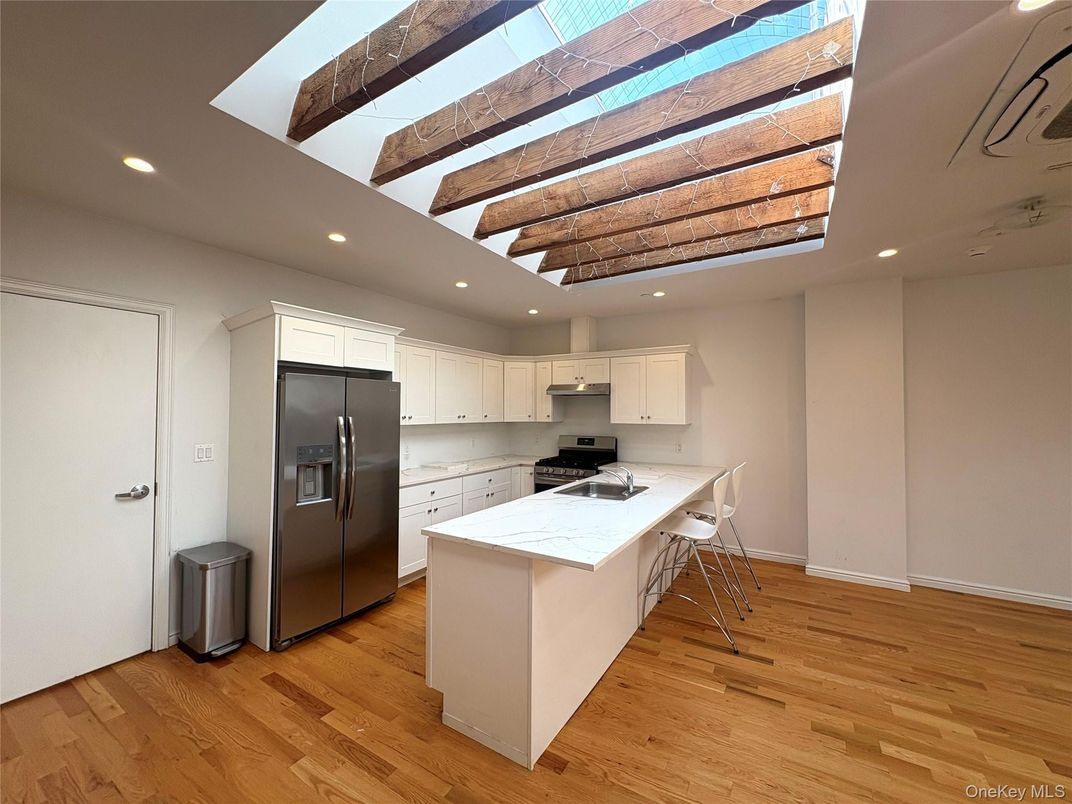 Interior, Kitchen, Recessed Lighting, Stainless Steel Appliances, Wooden Beams, Wood Texture Flooring