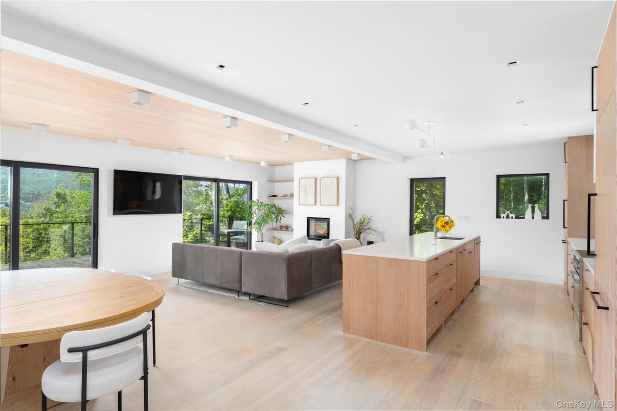 Dining room, Fireplace, Interior, Kitchen, Living room, Pendant Lights, Recessed Lighting, Wood Texture Flooring