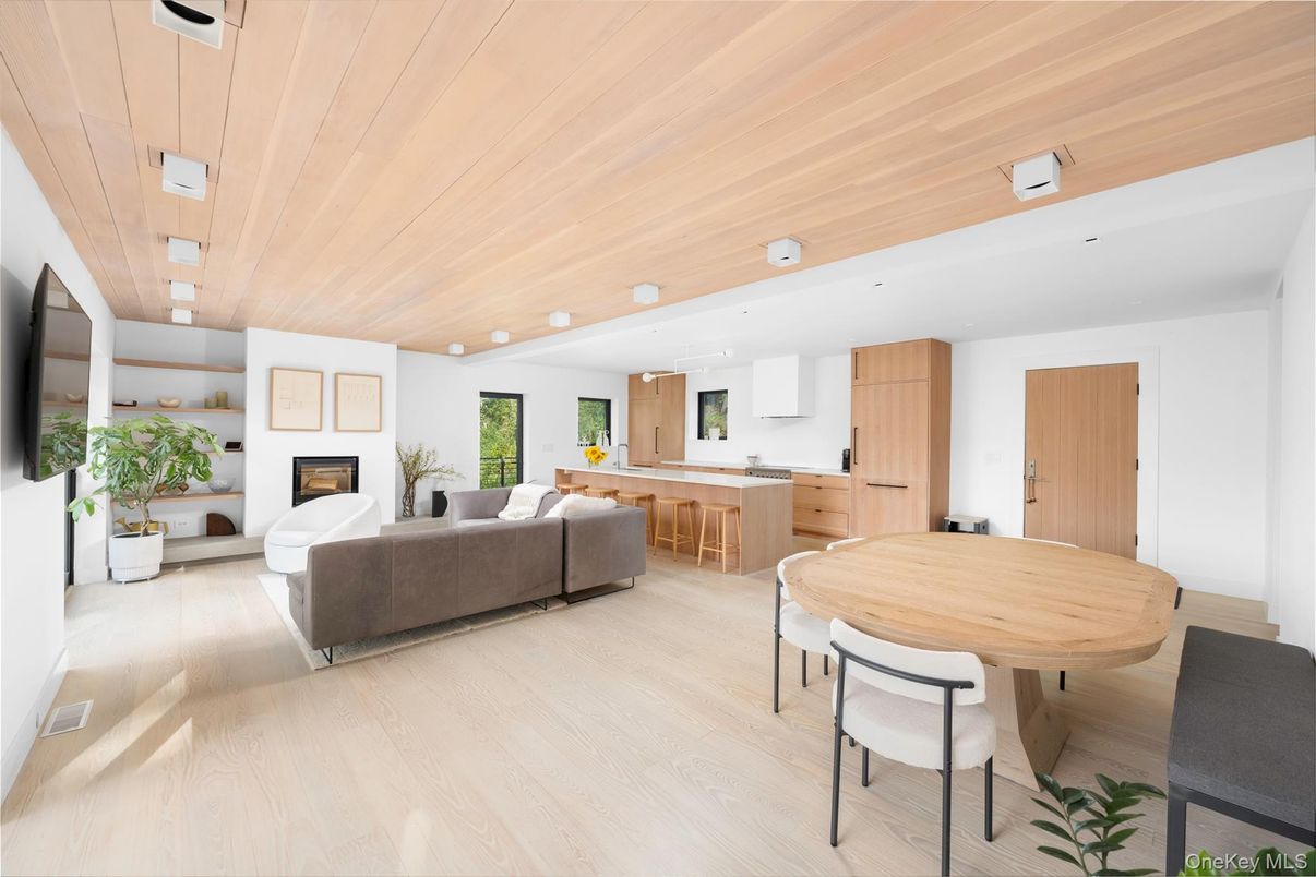 Dining room, Fireplace, Interior, Living room, Recessed Lighting, Wooden Ceilings, Wood Texture Flooring