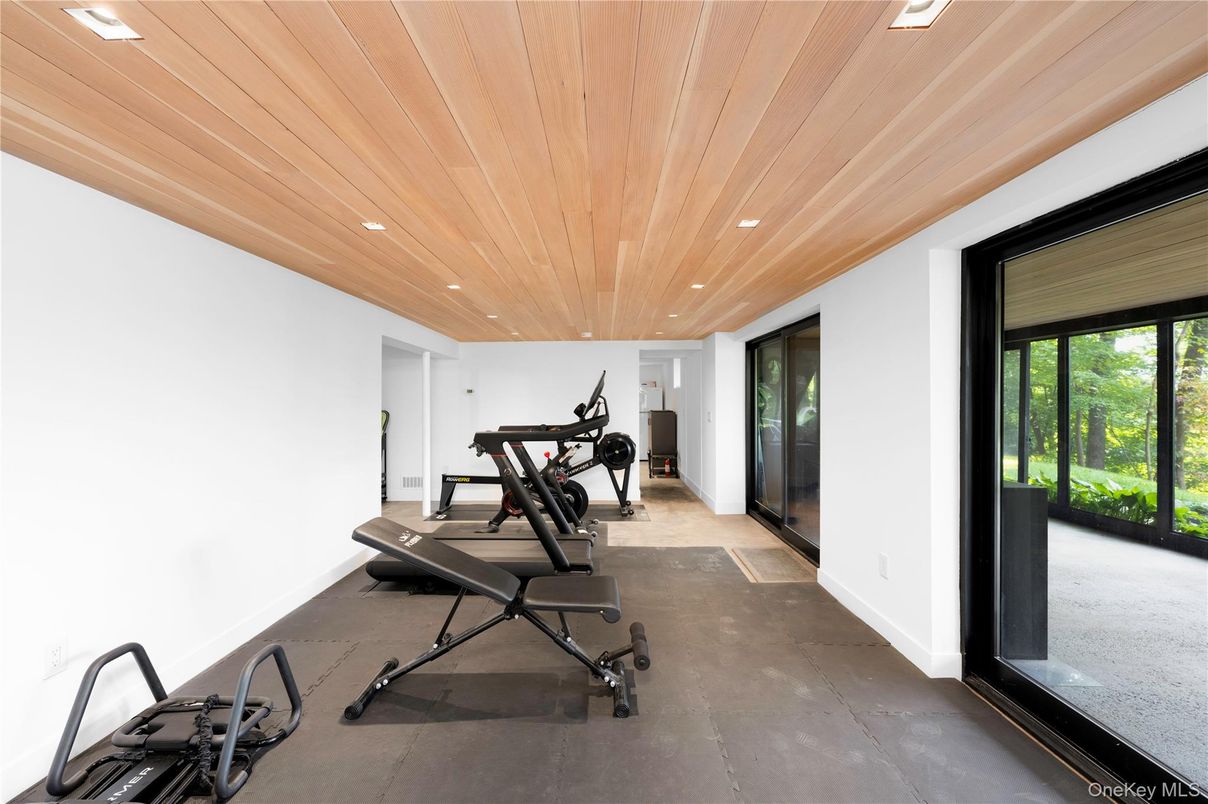 Fitness Equipment, Gym, Interior, Recessed Lighting, Wooden Ceilings