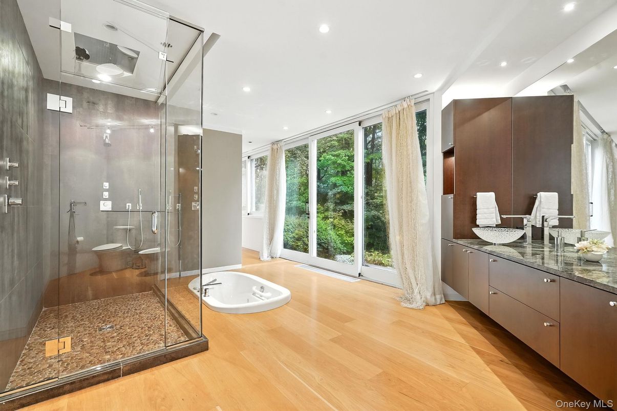 Bathroom, Glass Shower, Interior, Recessed Lighting, Wood Texture Flooring