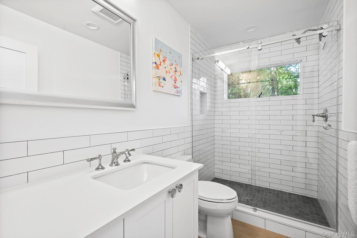 Bathroom, Glass Shower, Interior, Recessed Lighting, Wood Texture Flooring