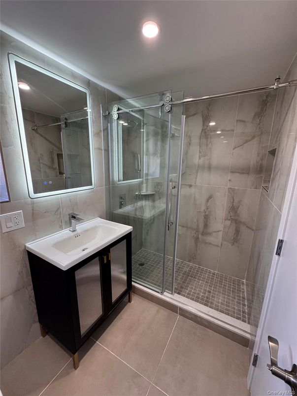 Bathroom, Glass Shower, Interior, Marble Walls, Recessed Lighting