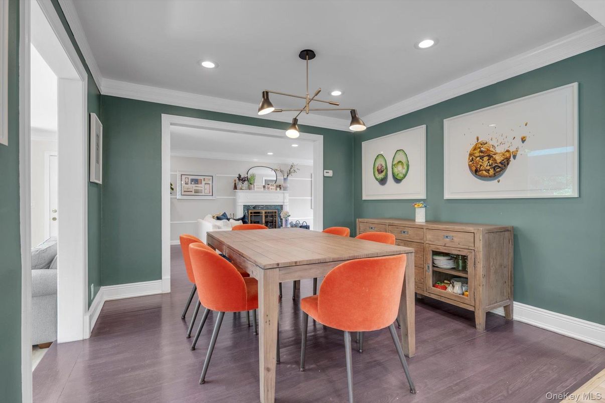 Dining room, Fireplace, Interior, Pendant Lights, Recessed Lighting, Wood Texture Flooring