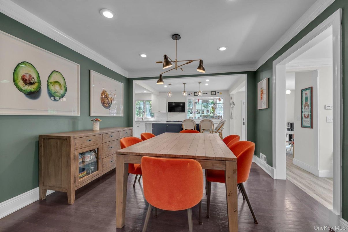Dining room, Interior, Pendant Lights, Recessed Lighting, Wood Texture Flooring