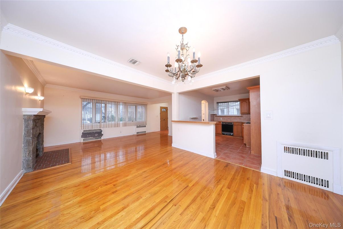 Chandelier, Empty room, Fireplace, Interior, Kitchen, Wood Texture Flooring