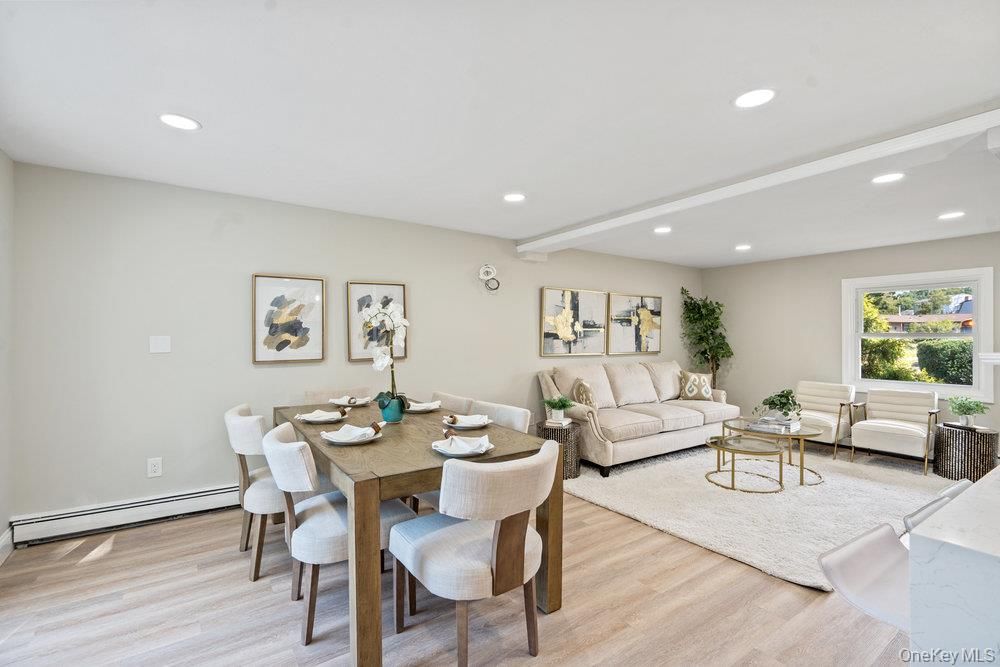 Dining room, Interior, Living room, Recessed Lighting, Wood Texture Flooring