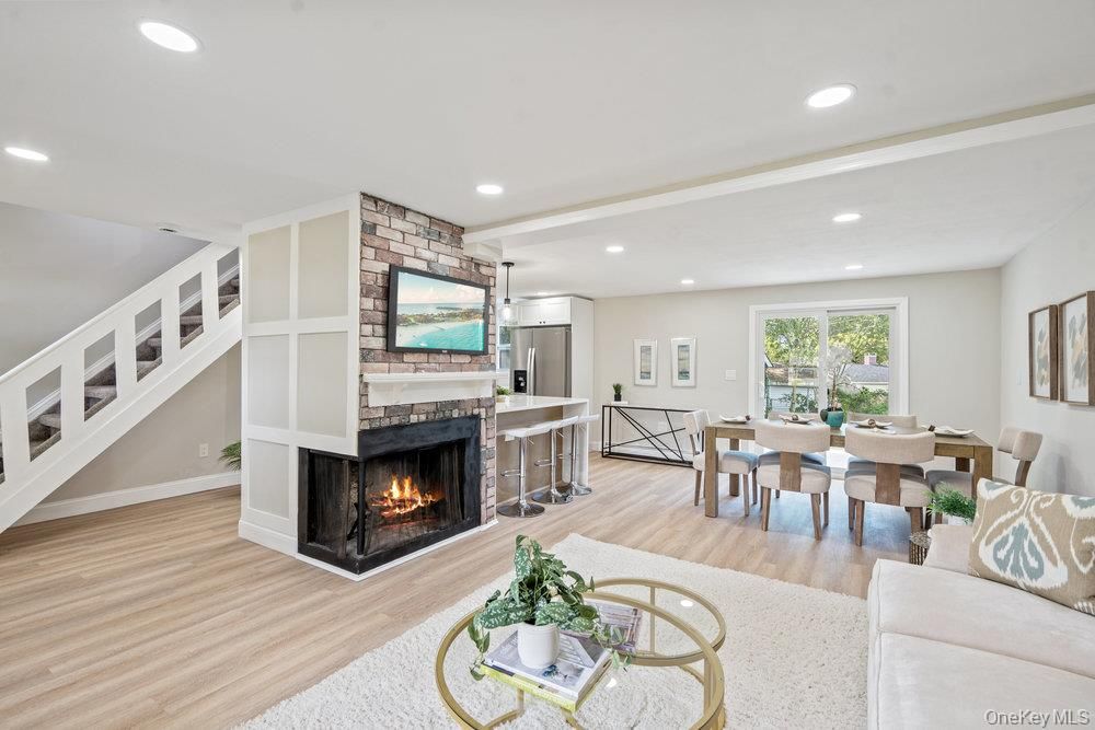 Dining room, Fireplace, Interior, Kitchen, Living room, Pendant Lights, Recessed Lighting, Stone Walls, Wood Texture Flooring