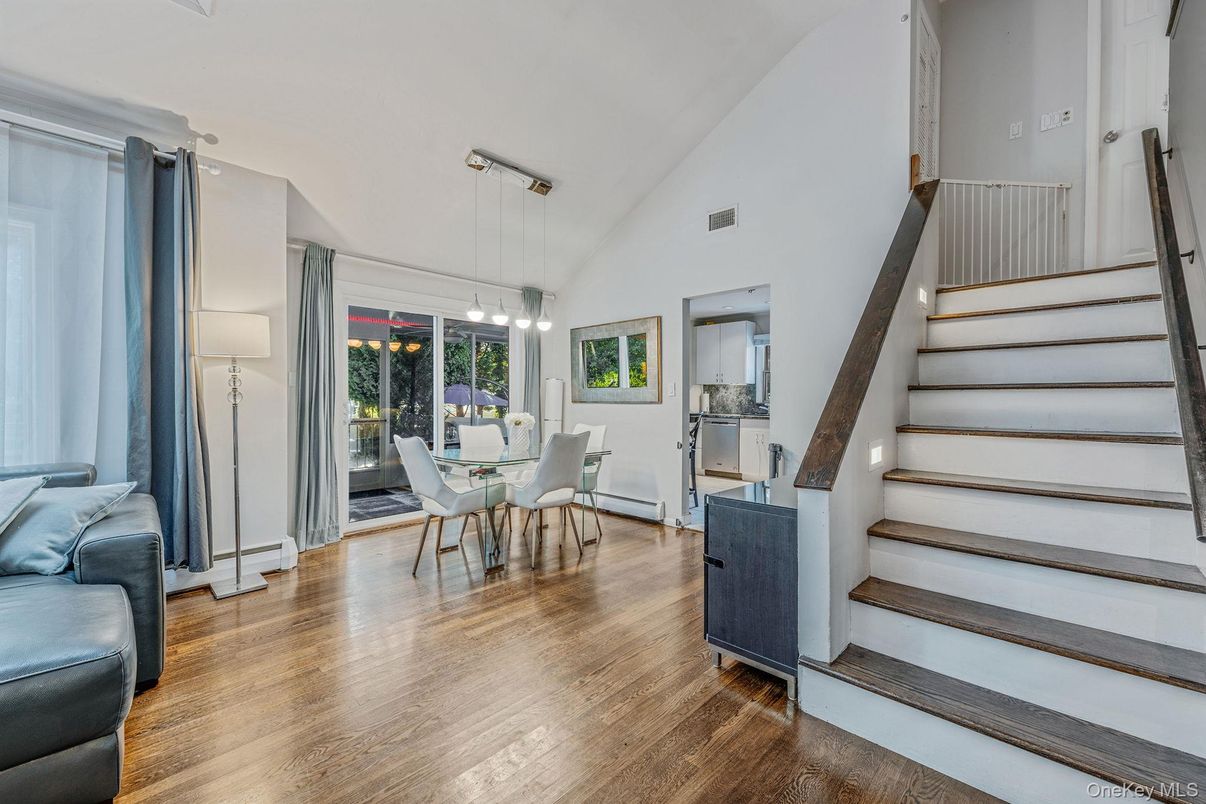 Dining room, Interior, Pendant Lights, Wood Texture Flooring