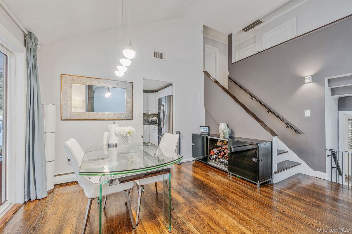 Dining room, Interior, Pendant Lights, Wood Texture Flooring