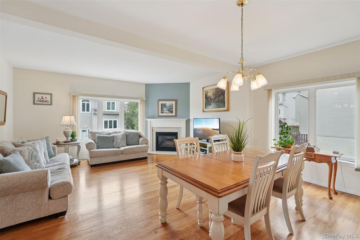 Dining room, Fireplace, Interior, Living room, Pendant Lights, Wood Texture Flooring