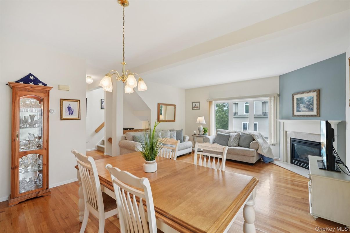 Dining room, Fireplace, Interior, Living room, Pendant Lights, Wood Texture Flooring