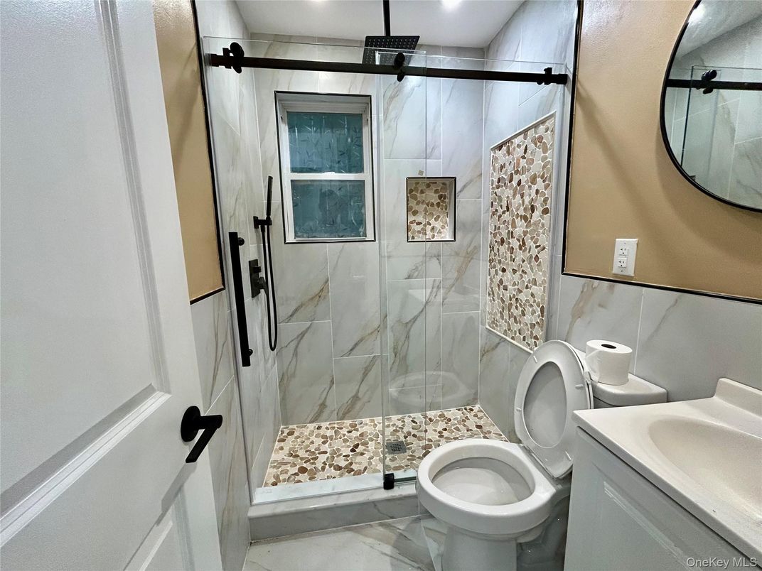 Bathroom, Glass Shower, Interior, Marble Walls, Recessed Lighting