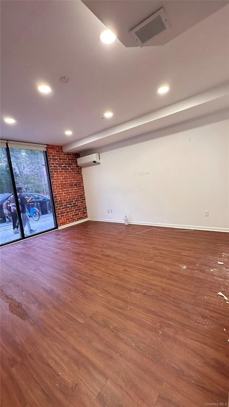 Empty room, Interior, Recessed Lighting, Stone Walls, Wood Texture Flooring