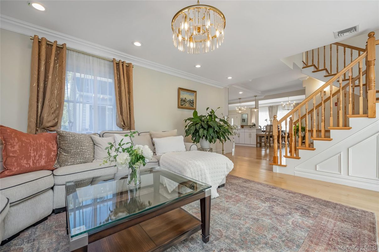 Chandelier, Interior, Living room, Recessed Lighting, Wood Texture Flooring