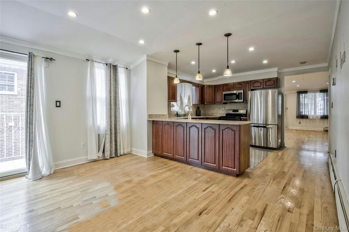 Interior, Kitchen, Pendant Lights, Recessed Lighting, Stainless Steel Appliances, Wood Texture Flooring