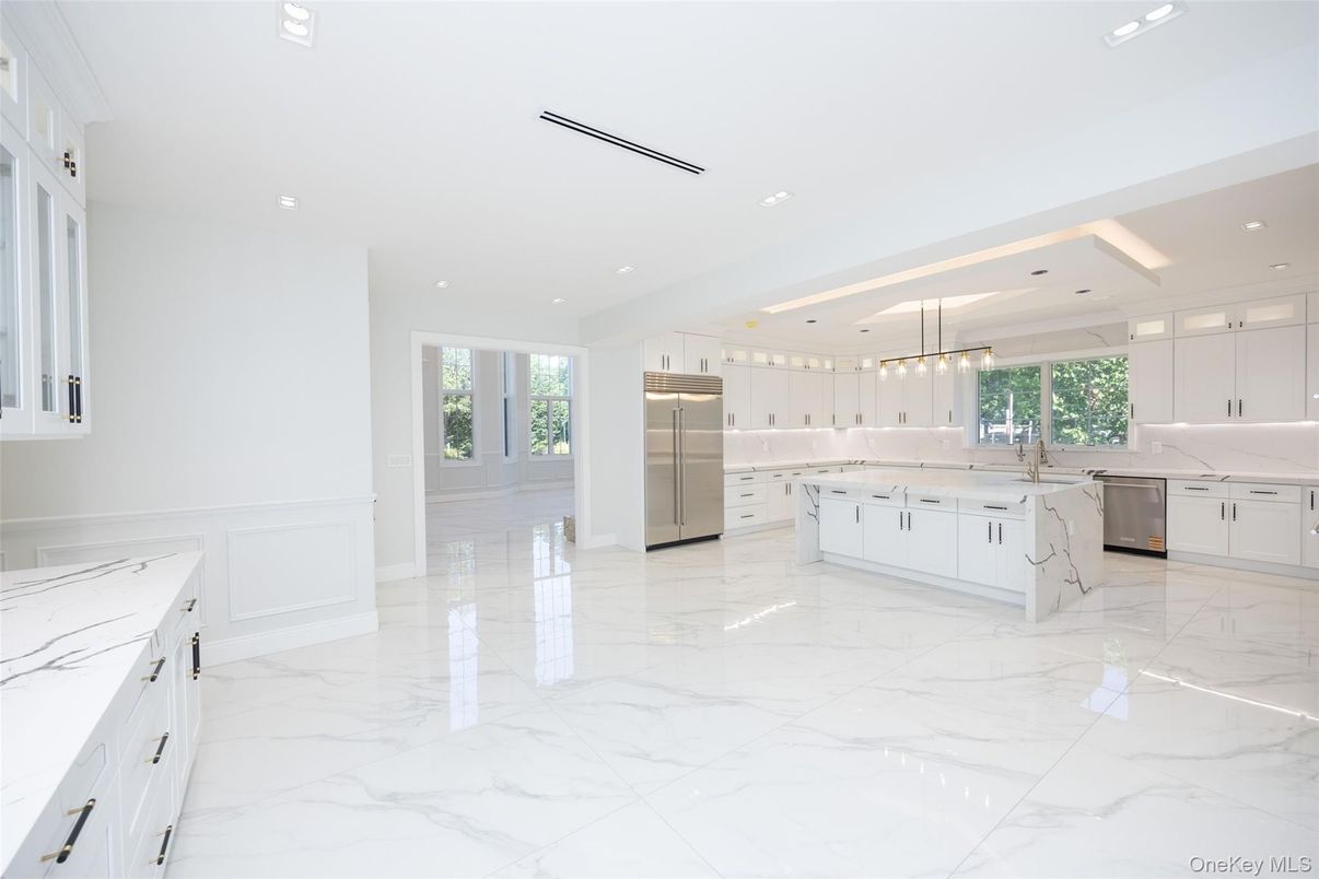 Interior, Kitchen, Marble, Pendant Lights, Recessed Lighting, Stainless Steel Appliances