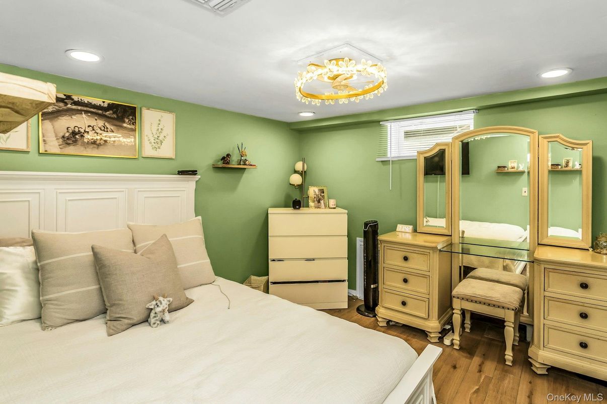 Bedroom, Chandelier, Interior, Recessed Lighting, Wood Texture Flooring
