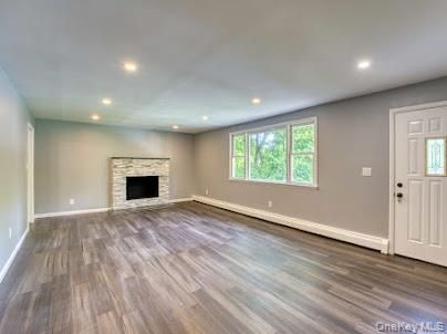 Empty room, Fireplace, Interior, Recessed Lighting, Wood Texture Flooring