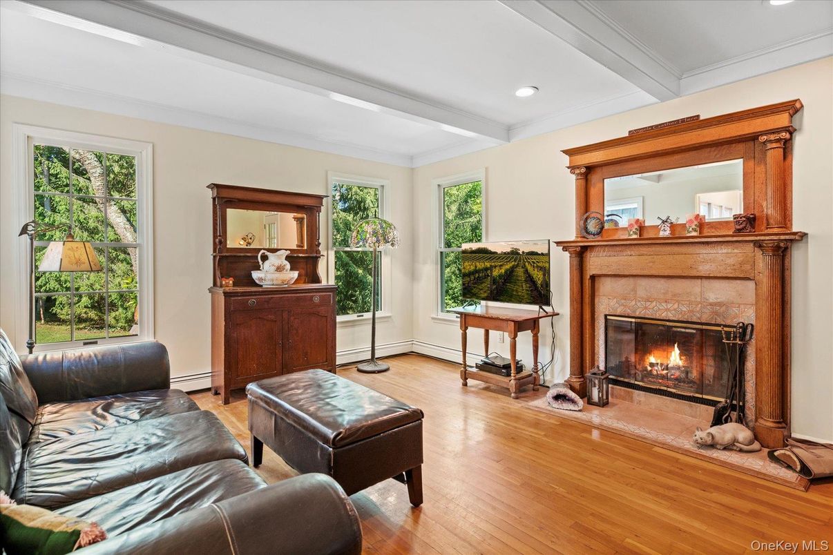 Fireplace, Interior, Living room, Recessed Lighting, Wood Texture Flooring