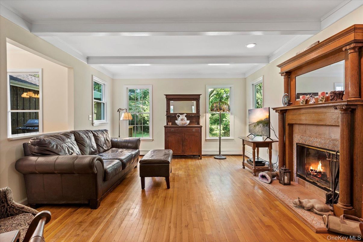 Fireplace, Interior, Living room, Recessed Lighting, Wood Texture Flooring