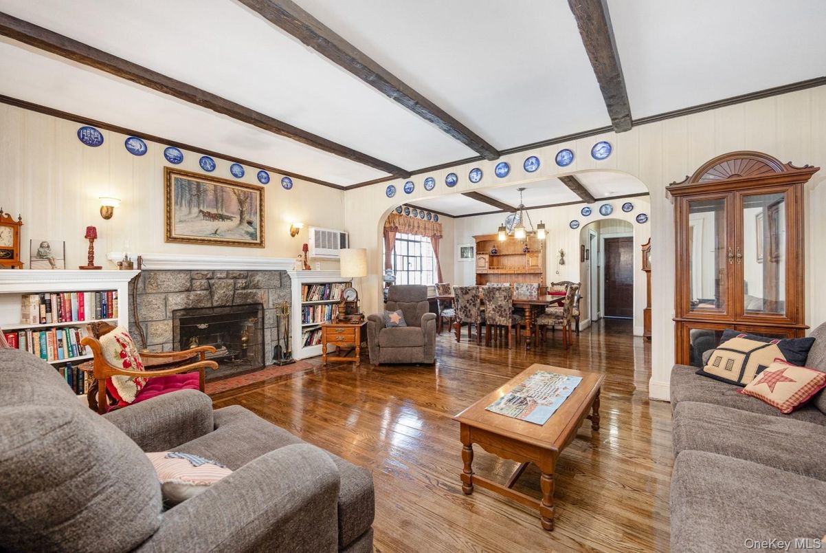 Chandelier, Dining room, Fireplace, Interior, Living room, Wooden Beams, Wood Texture Flooring