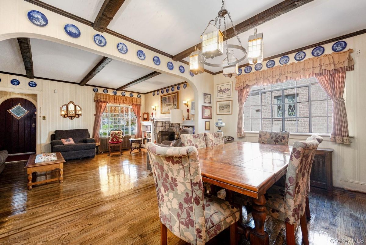 Dining room, Fireplace, Interior, Living room, Pendant Lights, Wooden Beams, Wood Texture Flooring