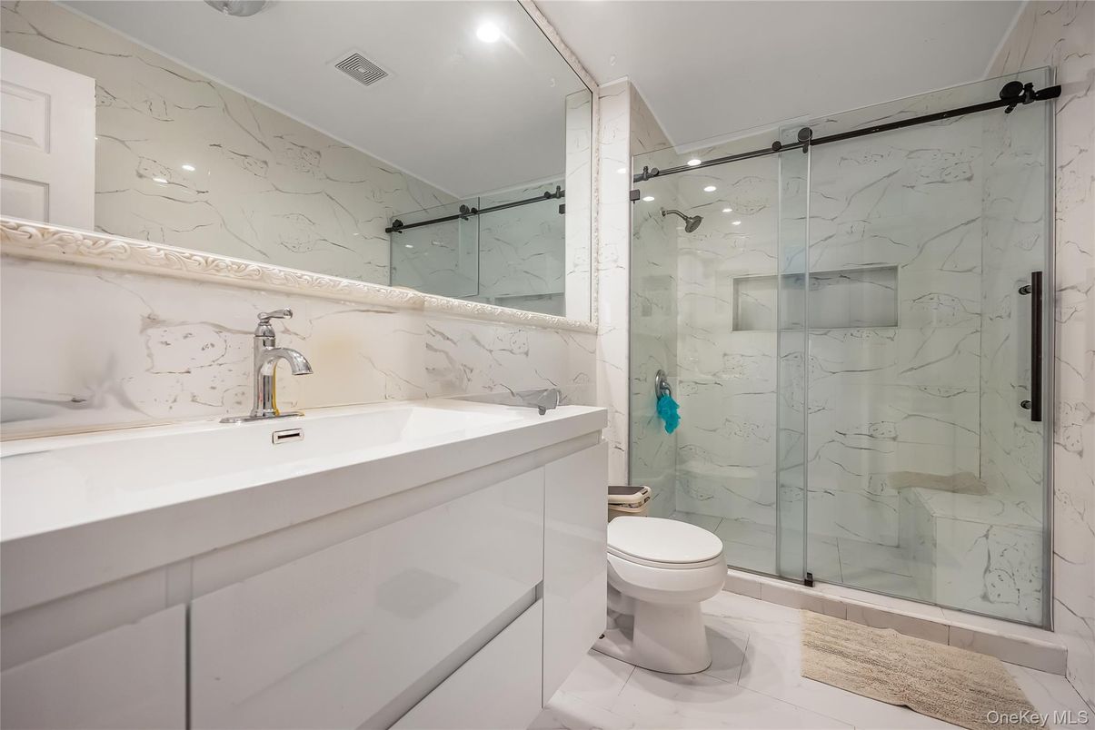Bathroom, Glass Shower, Interior, Marble, Marble Walls, Recessed Lighting