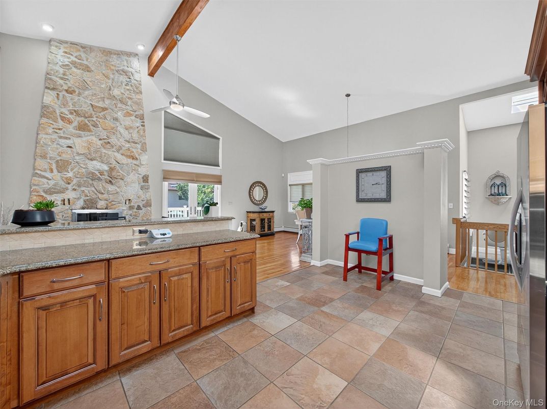 Interior, Kitchen, Pendant Lights, Recessed Lighting, Stone Walls, Wooden Beams, Wood Texture Flooring