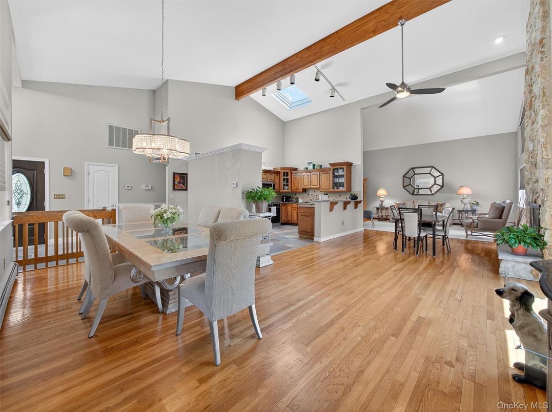 Chandelier, Dining room, Interior, Kitchen, Living room, Recessed Lighting, Wooden Beams, Wood Texture Flooring