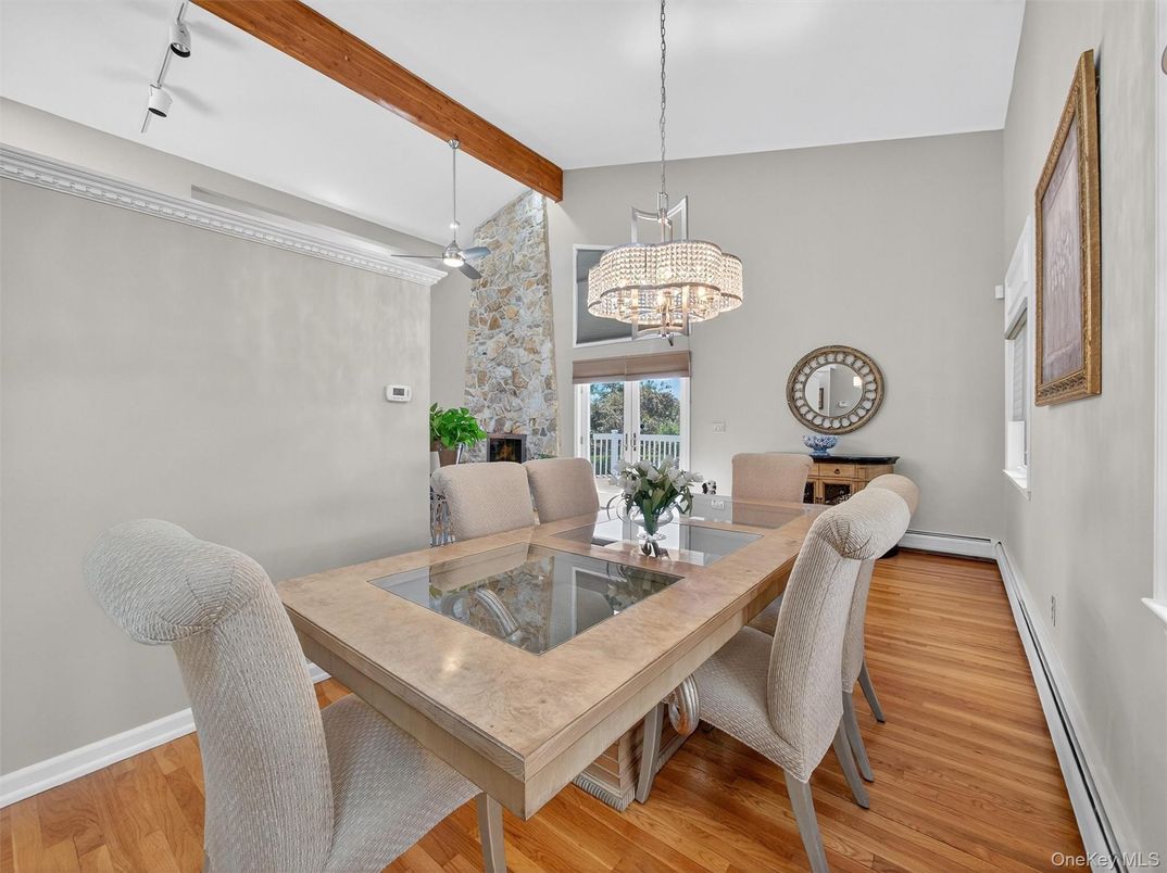 Chandelier, Dining room, Interior, Living room, Pendant Lights, Wooden Beams, Wood Texture Flooring