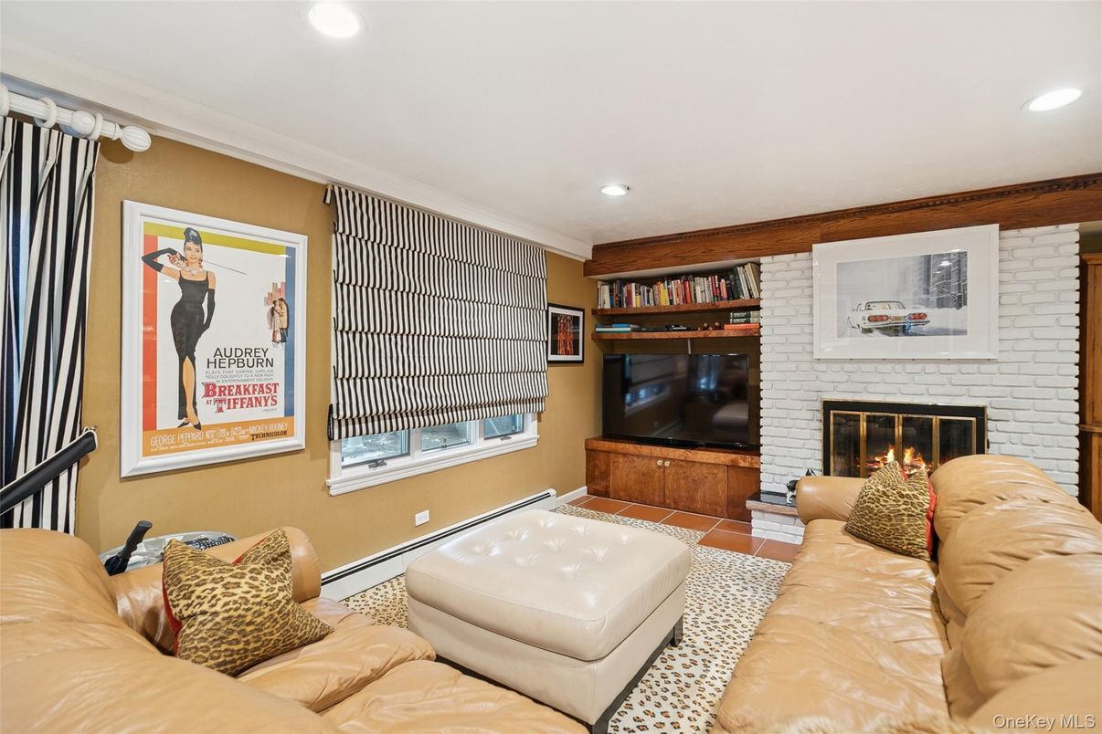 Fireplace, Interior, Living room, Recessed Lighting, Stone Walls