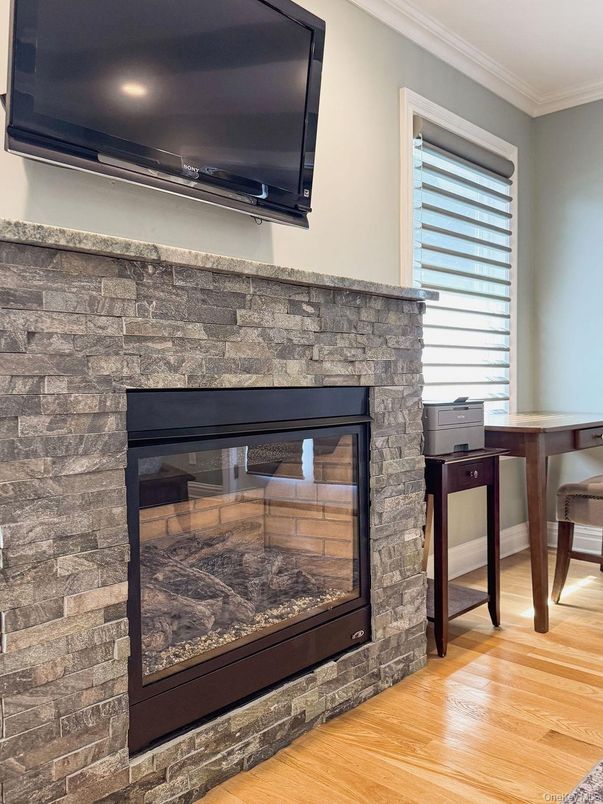 Fireplace, Interior, Recessed Lighting, Wood Texture Flooring