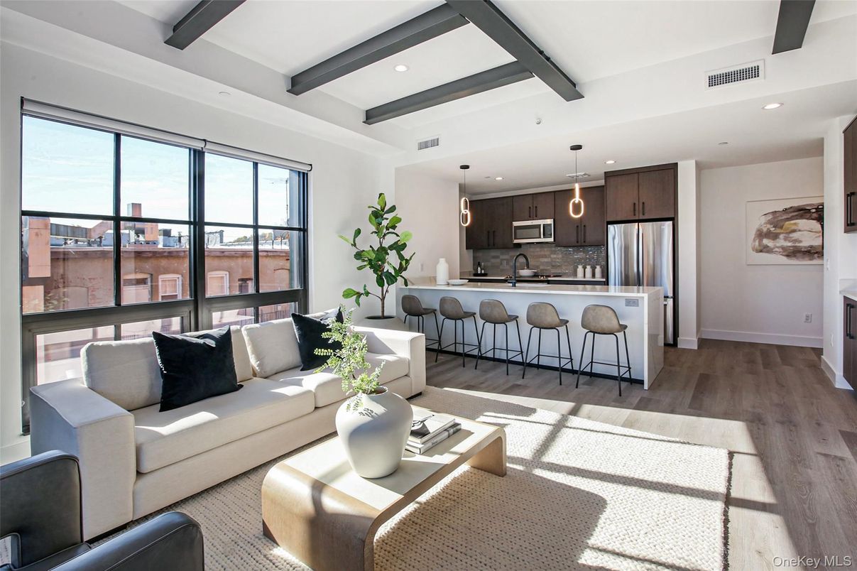 Interior, Kitchen, Living room, Pendant Lights, Recessed Lighting, Stainless Steel Appliances, Wooden Beams, Wood Texture Flooring
