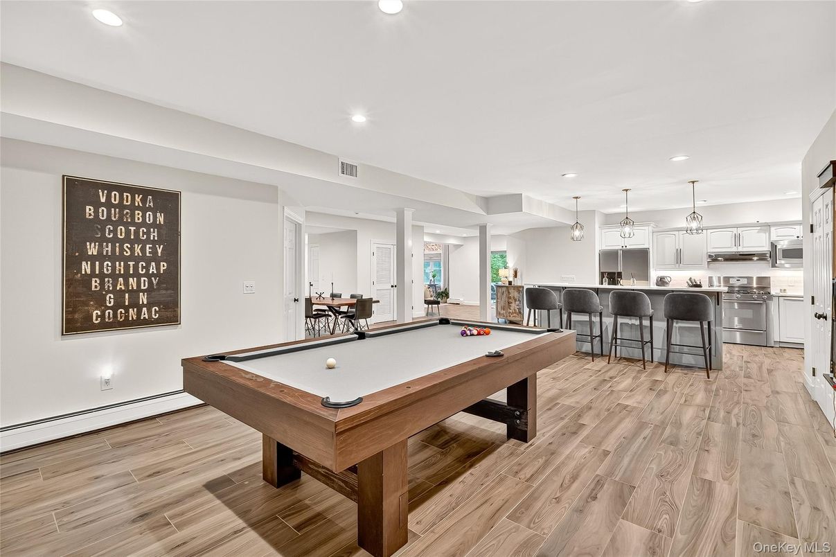 Billiard Table, Game Room, Interior, Kitchen, Pendant Lights, Recessed Lighting, Wood Texture Flooring