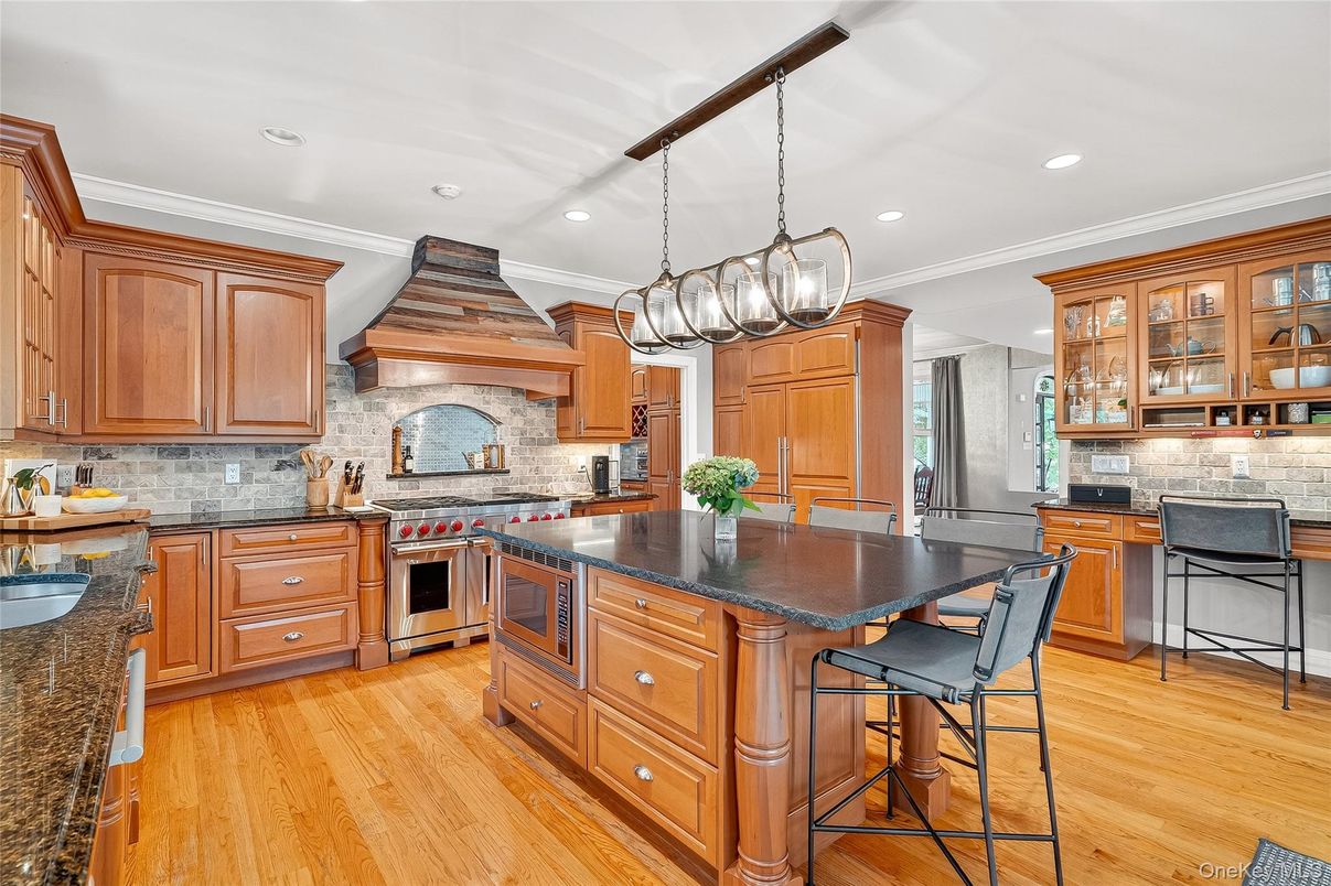 Interior, Kitchen, Pendant Lights, Recessed Lighting, Stainless Steel Appliances, Stone Walls, Wood Texture Flooring