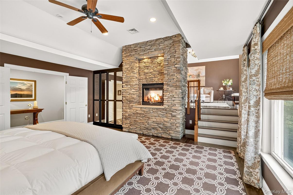 Bedroom, Fireplace, Interior, Recessed Lighting, Stone Walls