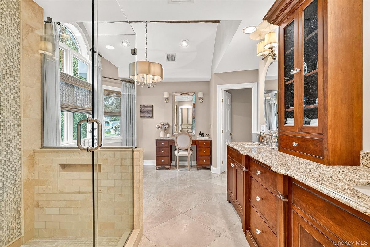 Bathroom, Dual Sink Vanities, Glass Shower, Interior, Pendant Lights, Recessed Lighting