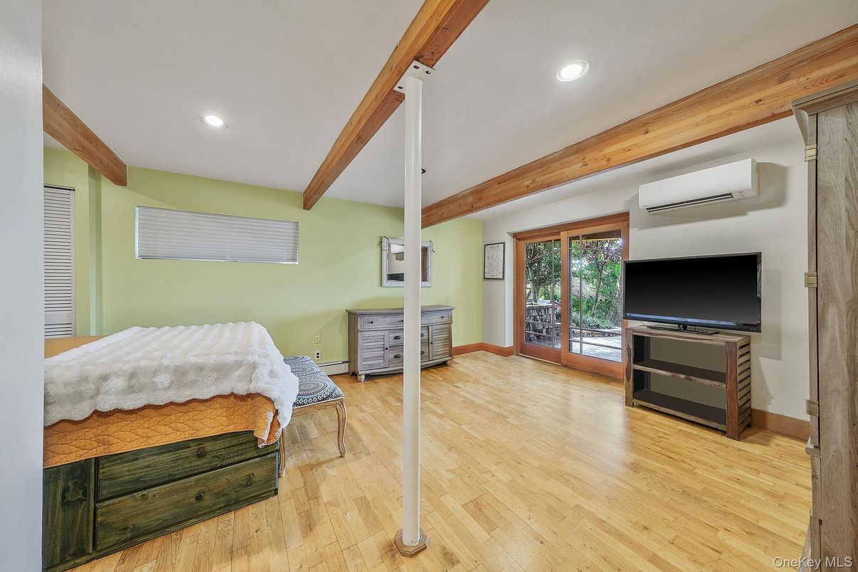 Bedroom, Interior, Recessed Lighting, Wooden Beams, Wood Texture Flooring