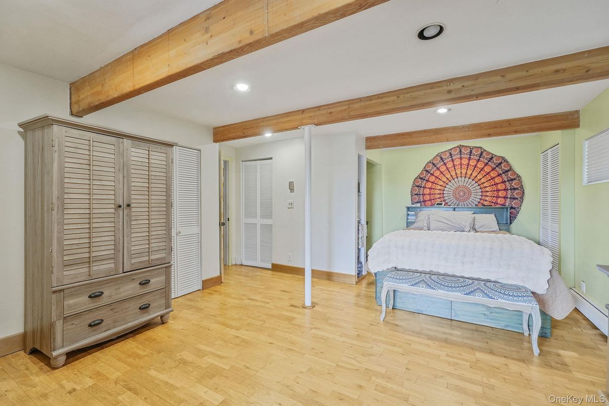 Bedroom, Interior, Recessed Lighting, Wooden Beams, Wood Texture Flooring