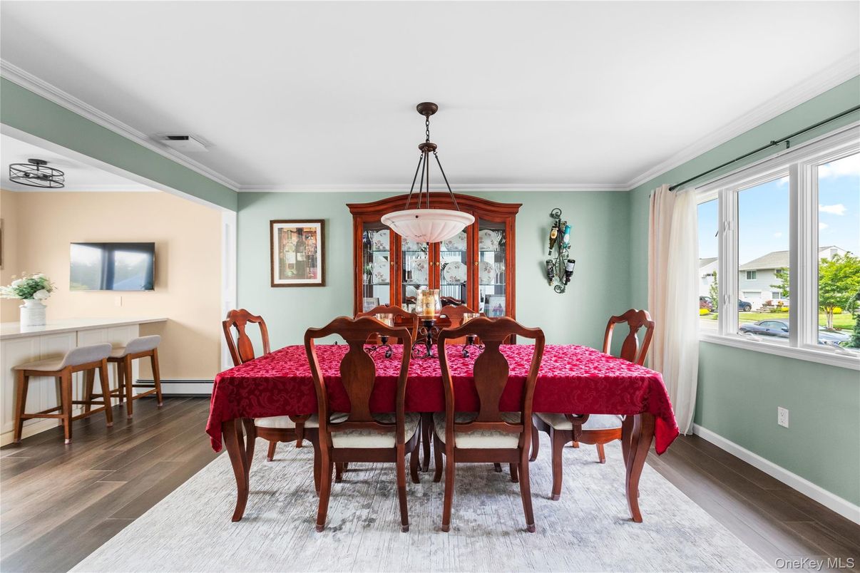 Dining room, Interior, Pendant Lights, Wood Texture Flooring