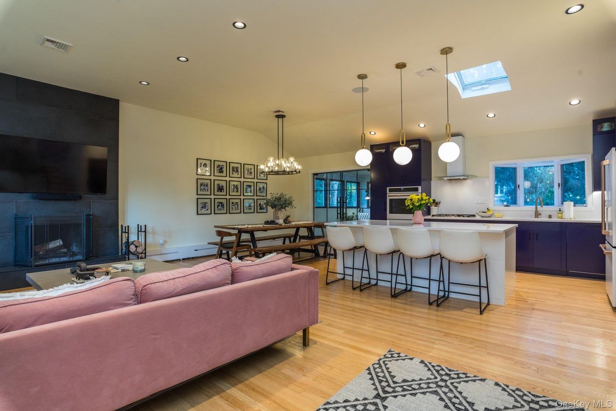 Dining room, Fireplace, Interior, Kitchen, Living room, Pendant Lights, Recessed Lighting, Wood Texture Flooring