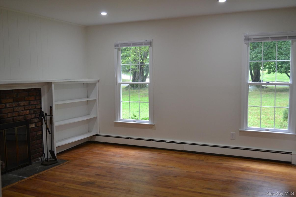 Empty room, Fireplace, Interior, Recessed Lighting, Wood Texture Flooring