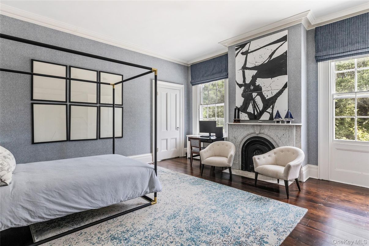 Bedroom, Fireplace, Interior, Wood Texture Flooring