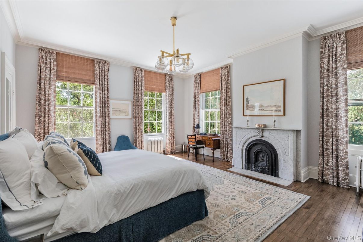 Bedroom, Fireplace, Interior, Pendant Lights, Wood Texture Flooring